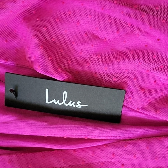Lulus Women's Dramatic Poise Hot Pink Dot Tulle Puff Sleeve Tiered Mini … - Picture 6 of 15